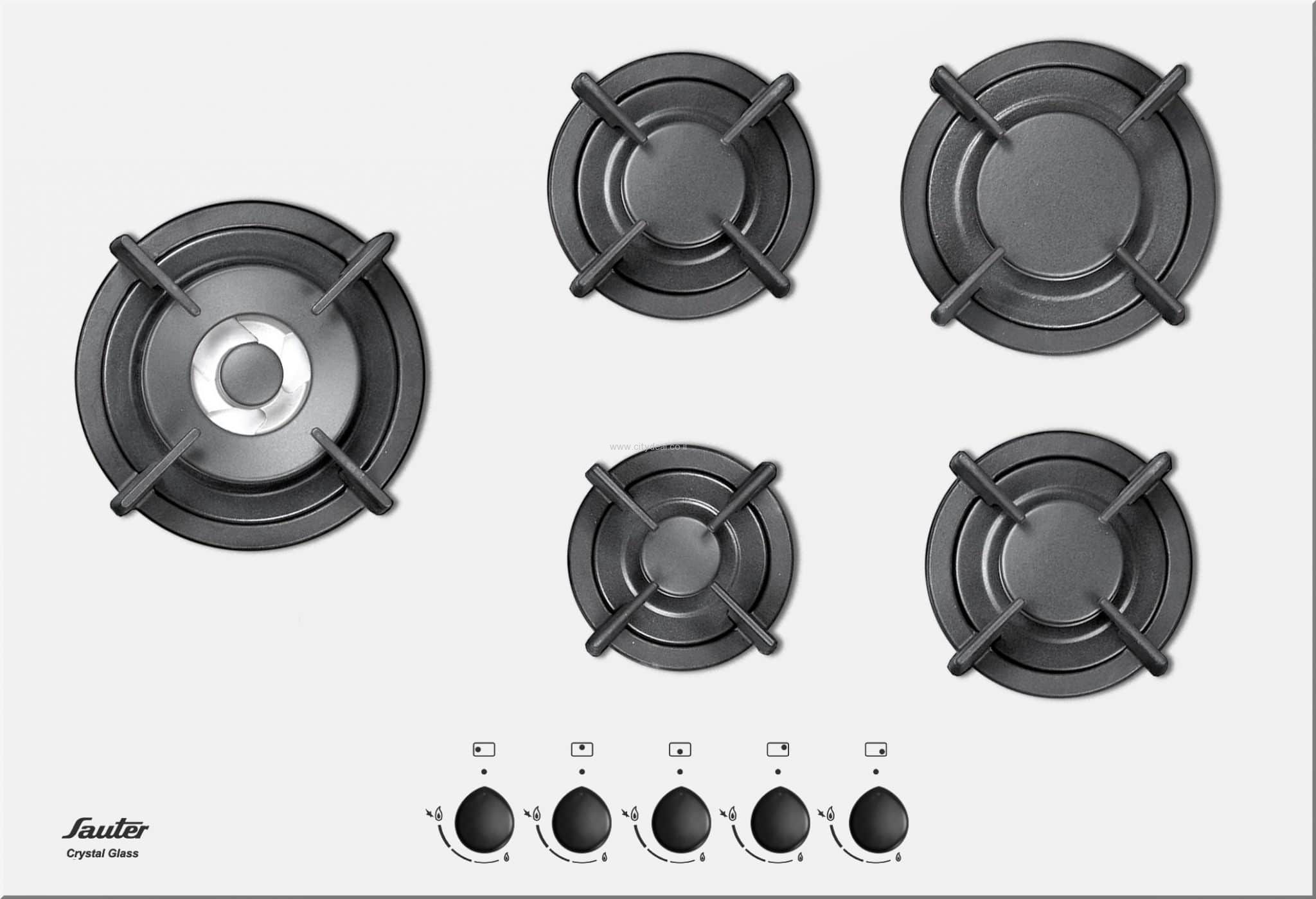 כיריים גז 5 מבערים Sauter SHG755W זכוכית לבנה כיריים גז Sauter SHG755W ברוחב 75 סנטימטר עם 5 מבערים ומשטח זכוכית לבנה