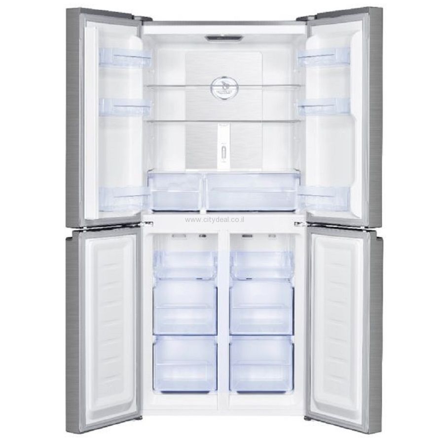 Haier HRF4494FW - מבט פנימי על חלוקת האחסון מקרר Haier HRF4494FW במצב פתוח עם חלוקה פנימית מרווחת