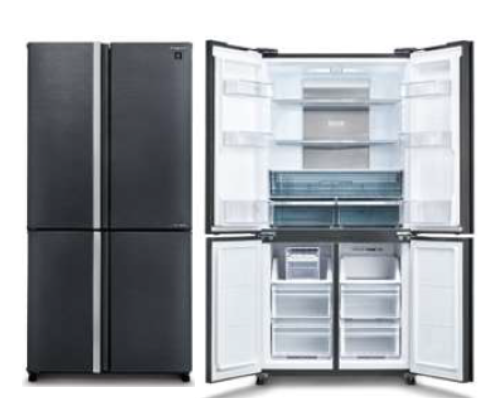 חלוקה פנימית במקרר SHARP SJ-FFER89-SL מקרר SHARP SJ-FFER89-SL פתוח עם חלוקת אחסון רחבה