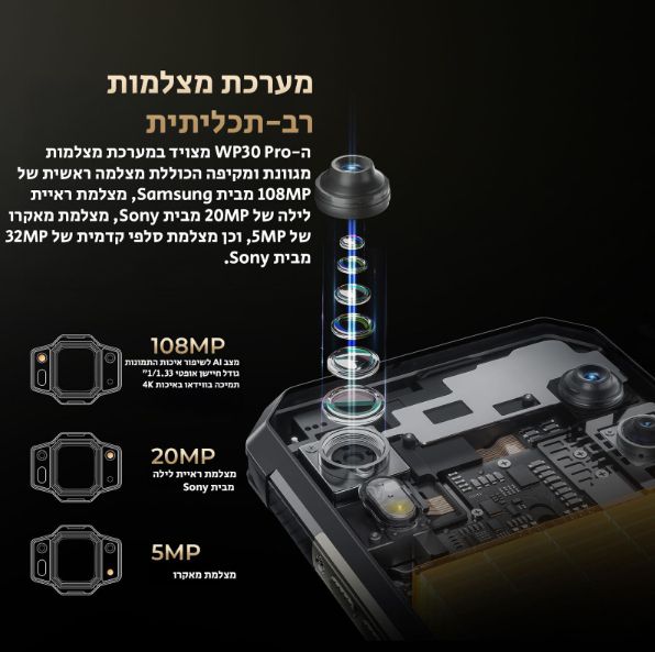 Oukitel WP30 Pro: סוללה 11,000mAh וטעינה מהירה 120W Oukitel WP30 Pro: תצוגת מסך אחורי וסוללה עוצמתית