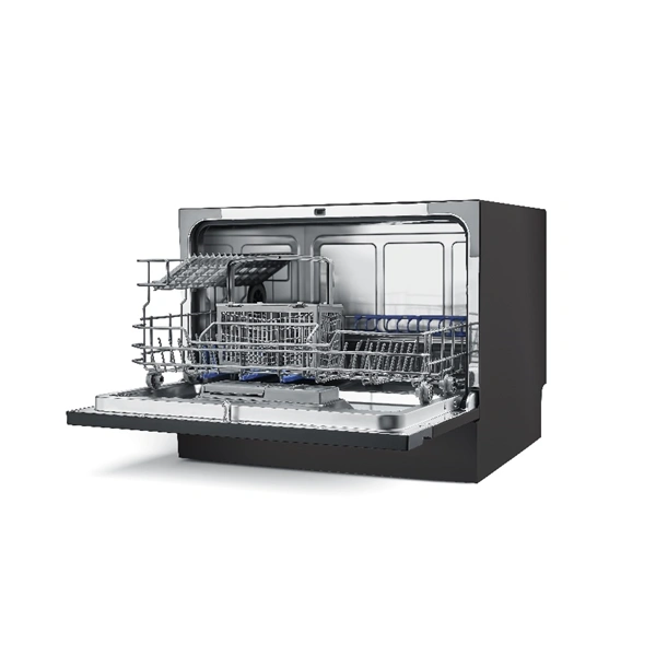 מבט פנימי במדיח הכלים Midea MDWT0602M מבט פנימי על מדיח כלים קומפקטי Midea MDWT0602M עם סלסלות לכלים
