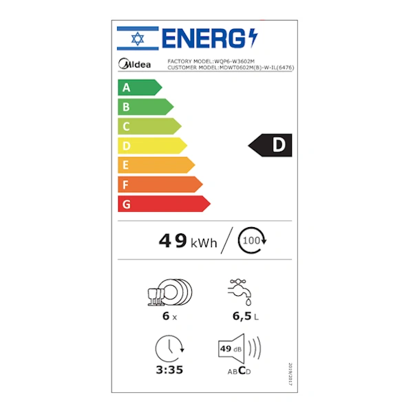 Midea MDWT0602M - מבנה קומפקטי המתאים להצבה על השיש מדיח כלים קומפקטי Midea MDWT0602M במבט צידי המדגים את המידות הקומפקטיות