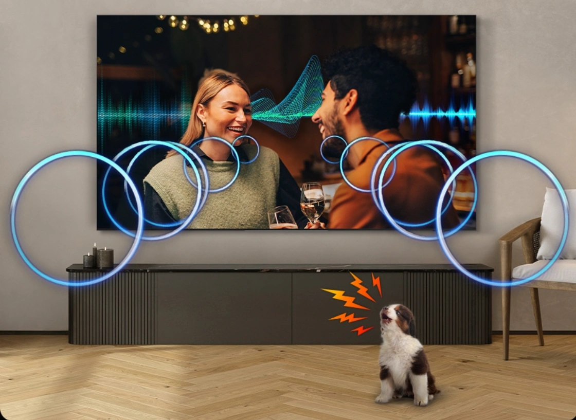 Samsung QE85QN70F – חוויית סאונד חכמה עם OTS Lite, Adaptive Sound Pro ו־Q-Symphony סאונד חכם בטלוויזיה Samsung QE85QN70F עם Object Tracking Sound Lite ו־Adaptive Sound Pro