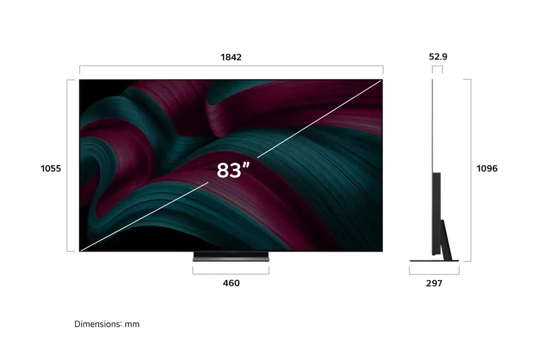 מידות LG OLED83C56LA C5 83 אינץ׳ תרשים מידות טלוויזיה LG OLED83C56LA C5 בגודל 83 אינץ׳ כולל רוחב גובה עומק ומידות מעמד