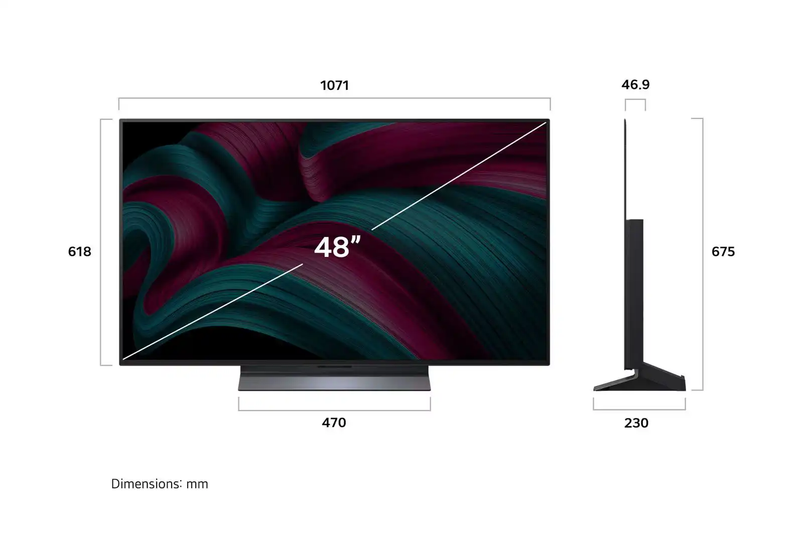 מידות LG OLED48C56LA C5 48 אינץ׳ תרשים מידות טלוויזיה LG OLED48C56LA C5 בגודל 48 אינץ׳ כולל רוחב גובה עומק ומידות מעמד