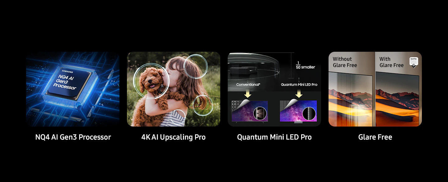 Samsung QE43QN90F איכות תמונה ויתרונות מרכזיים יתרונות מרכזיים Samsung QE43QN90F איכות תמונה Quantum Mini LED Pro Glare Free AI
