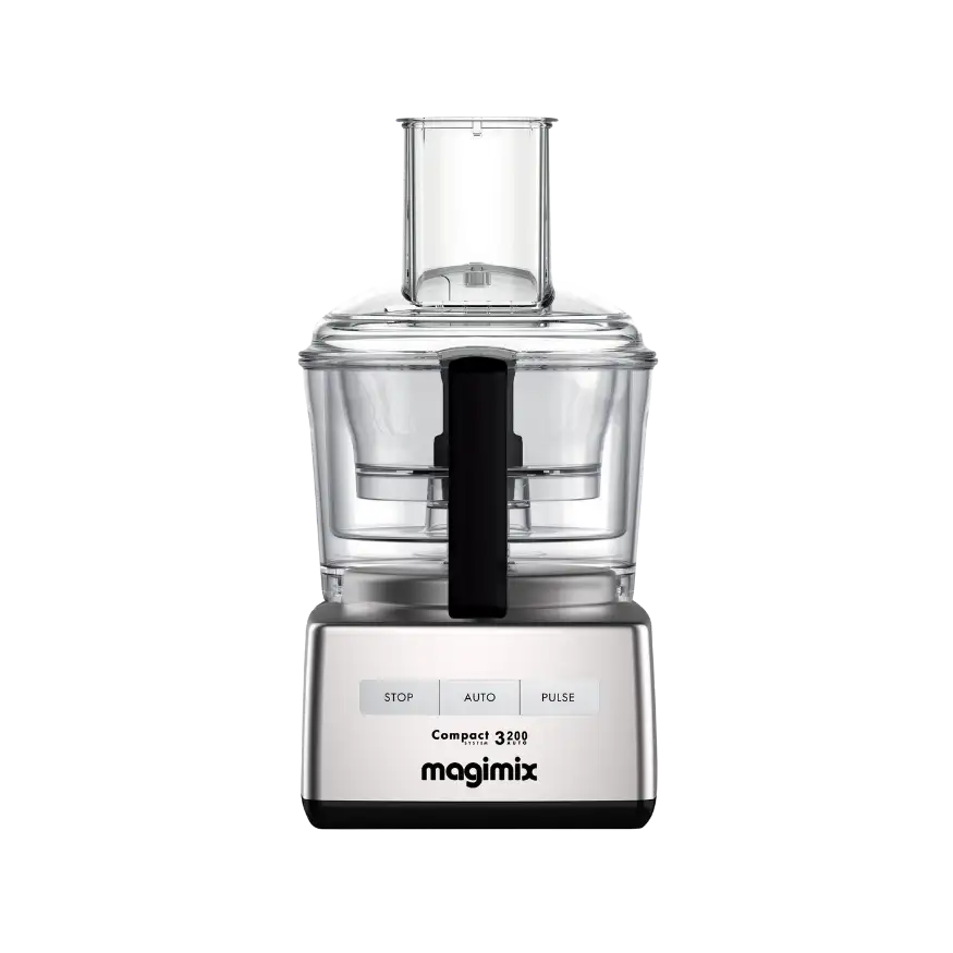 מעבד מזון מקצועי Magimix CS3200CMSE: יופי, נוחות וביצועים גבוהים מעבד מזון Magimix CS3200CMSE בגימור כרום מט אלגנטי על רקע לבן