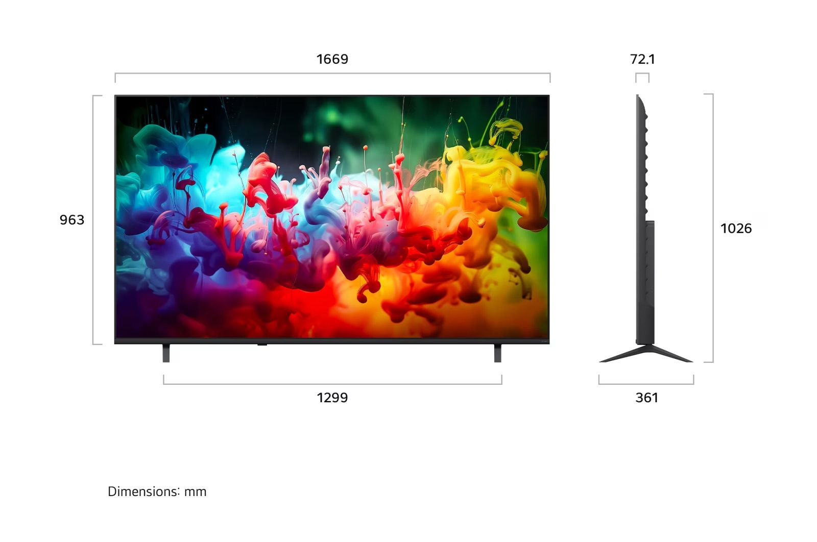 LG 75QNED72B6T dimensions diagram תרשים מידות טלוויזיה LG 75QNED72B6T רוחב 1669 מ״מ גובה 963 מ״מ עומק 72.1 מ״מ