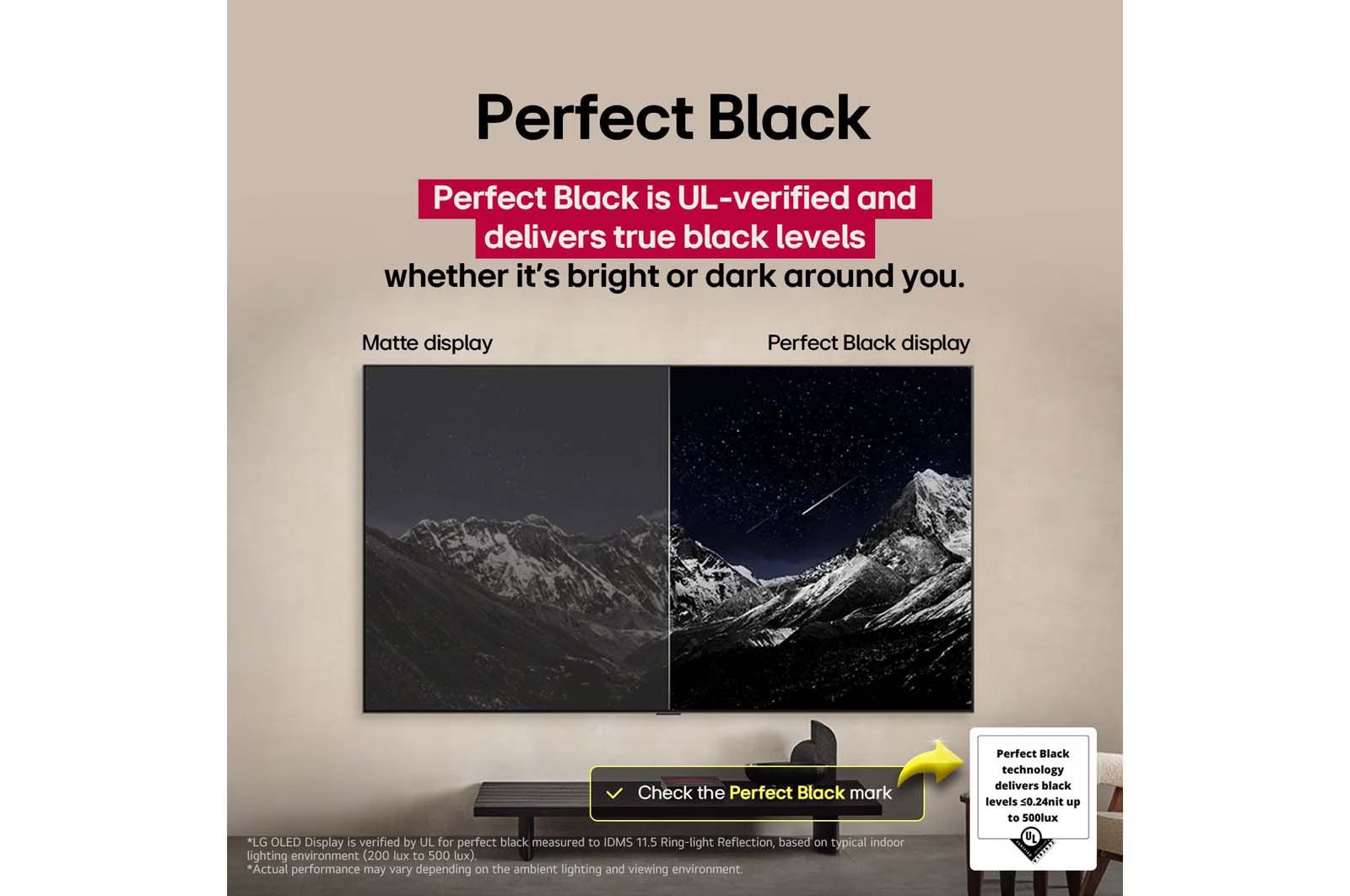 LG OLED83G56LA Perfect Black שחור מושלם מאומת UL ניגודיות אינסופית Perfect Black שחור מוחלט מאומת UL בטלוויזיה LG OLED evo G5 OLED83G56LA