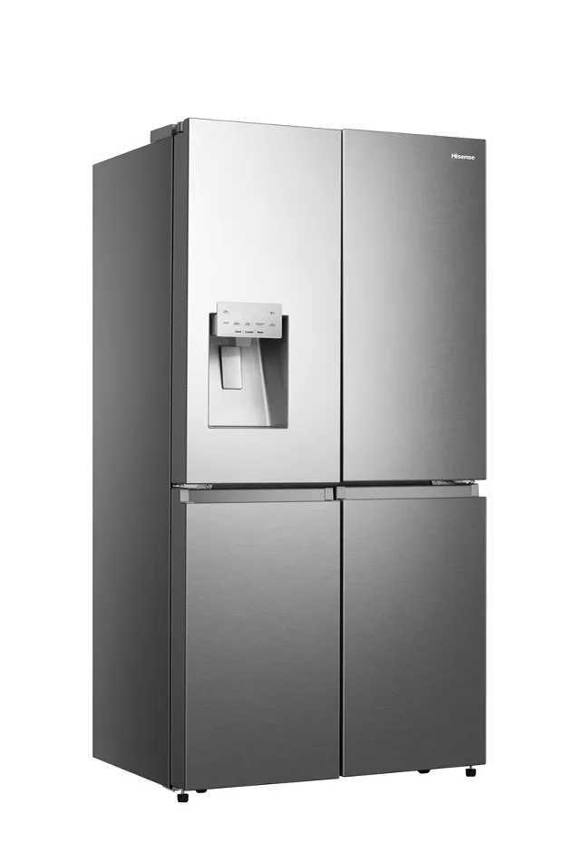 Hisense RQ760N4SASE – מקרר 4 דלתות 584 ליטר נירוסטה עם מקפיא תחתון, בר חיצוני, Inverter ו-No Frost מקרר Hisense RQ760N4SASE מבט צידי המדגיש את העיצוב