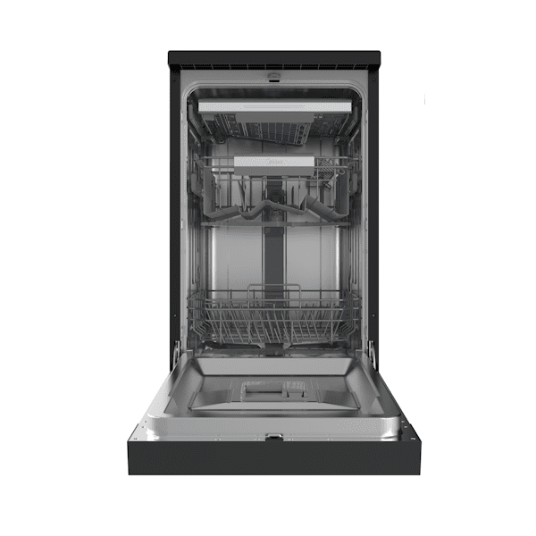 מדיח כלים Midea WQP8-W7634C-B מצב פתוח מדיח כלים צר Midea WQP8-W7634C-B במצב פתוח עם חלל פנימי וסלסלות